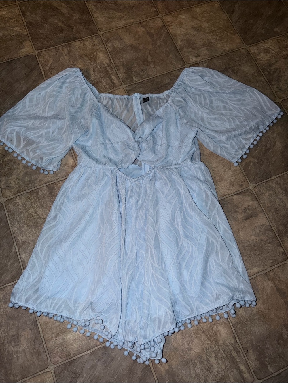 Women Light Blue Pom-Trim Cutout One-Piece Romper